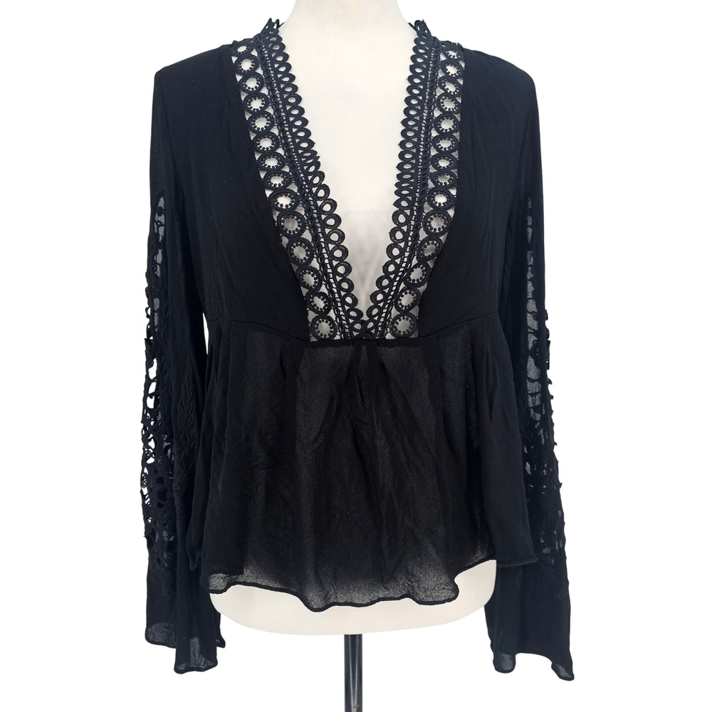 Allison New York Boho Peasant Blouse S Black Fairy Grunge‎ Crochet Inset Peplum